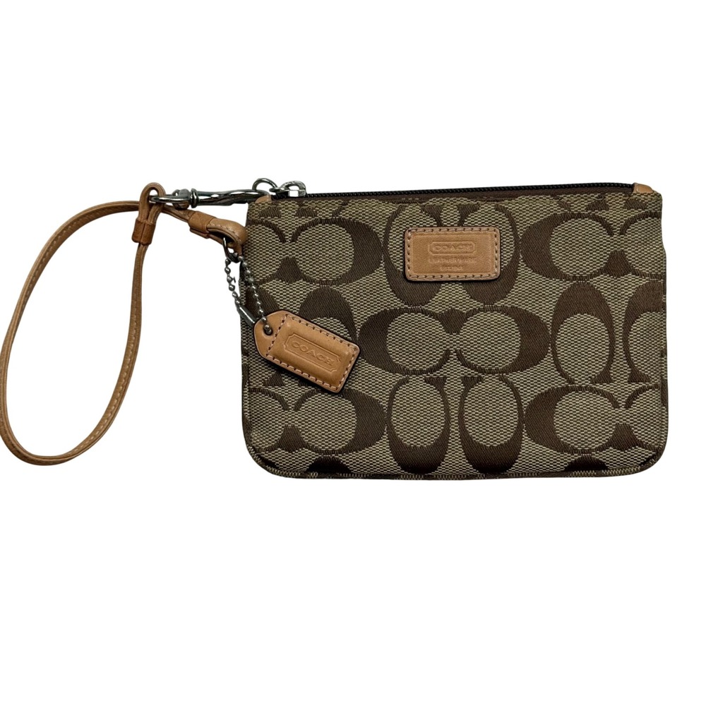 Coach Signature Jacquard Wristlet Khaki Brown Canvas Leather Trim Orange Lining